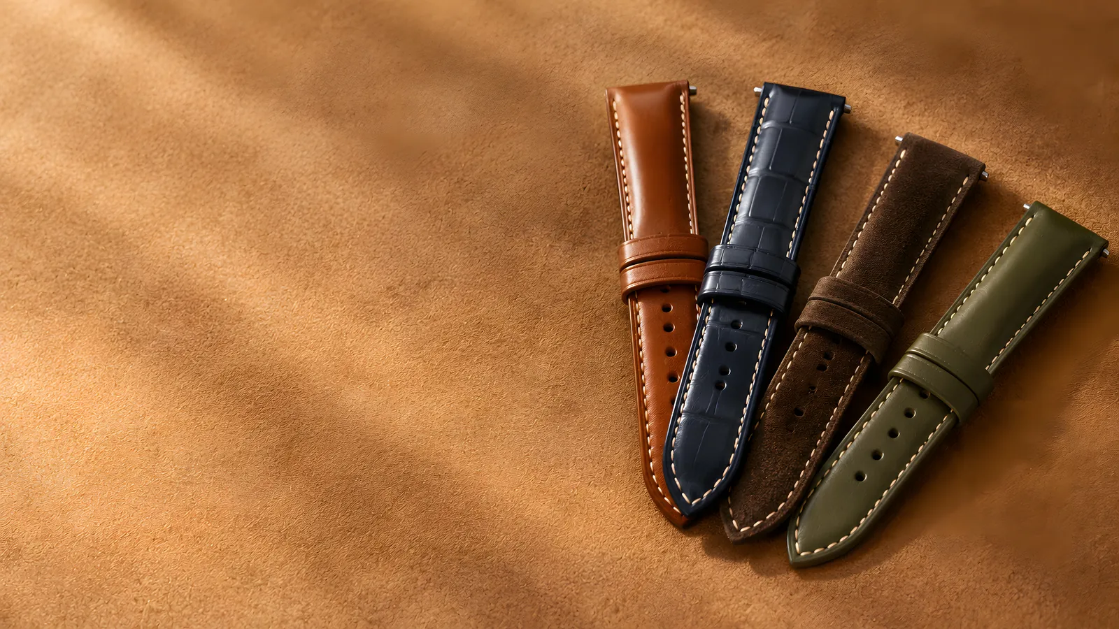Four hand-stitched leather watch straps fanned out on tan suede: cognac, navy alligator, chocolate suede and olive